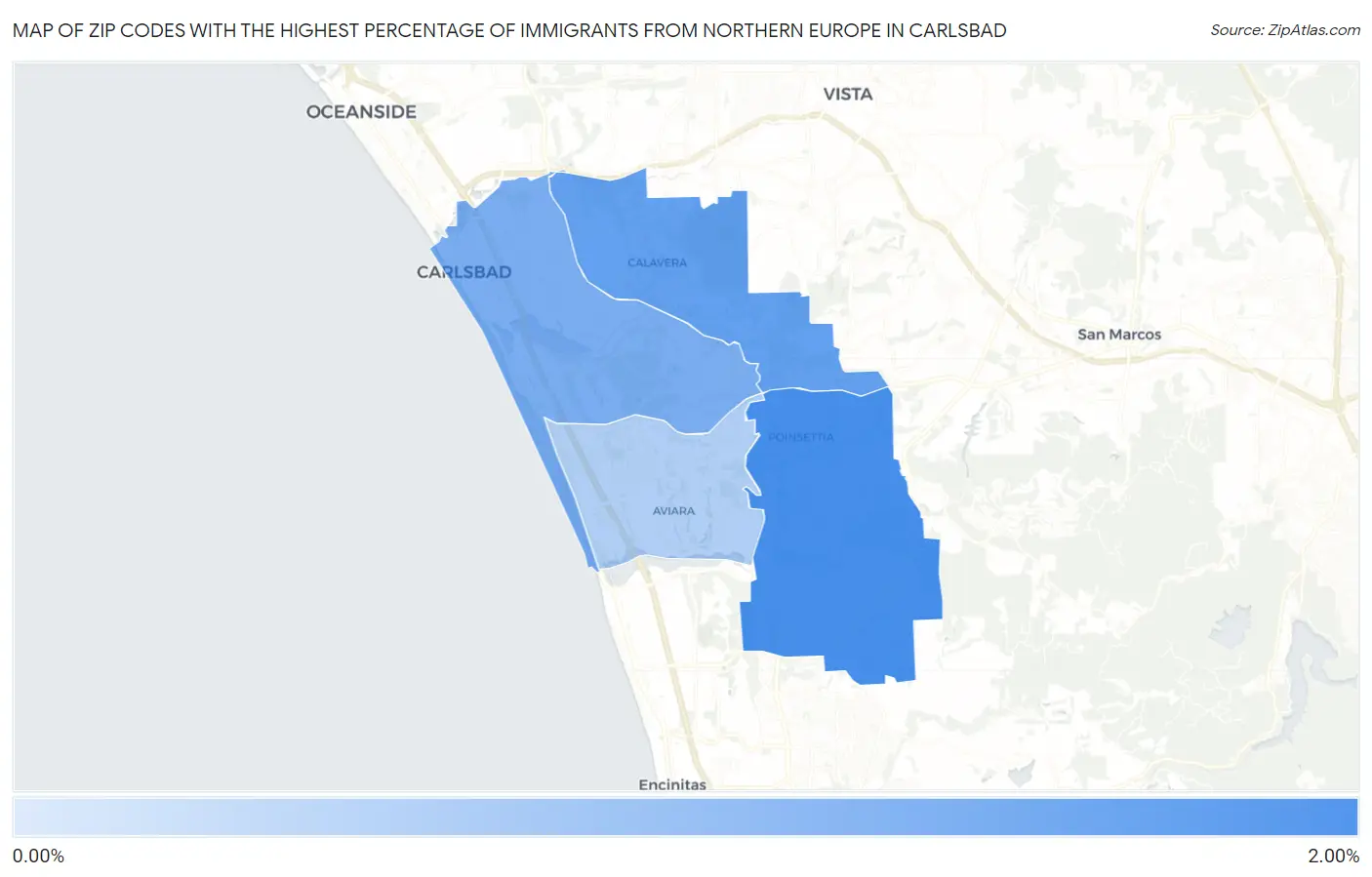 Zip Codes with the Highest Percentage of Immigrants from Northern Europe in Carlsbad Map