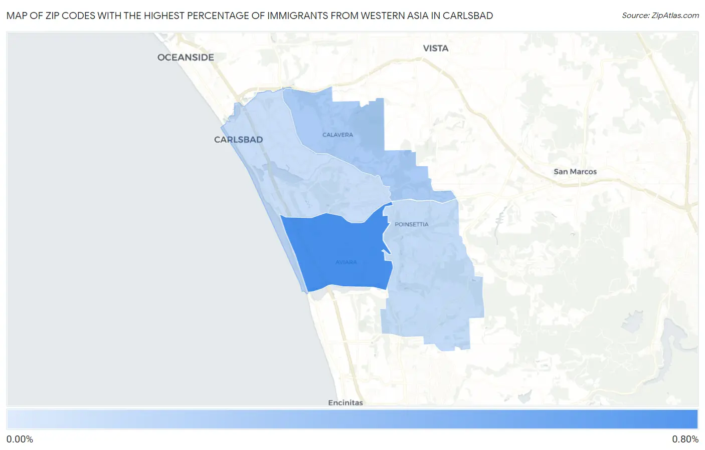 Zip Codes with the Highest Percentage of Immigrants from Western Asia in Carlsbad Map