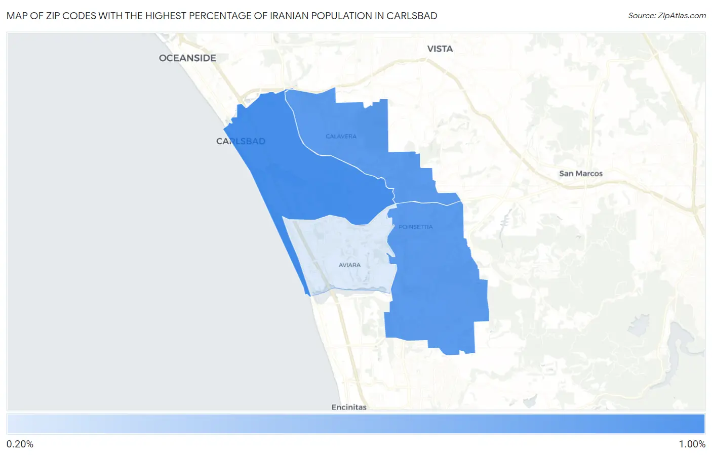 Zip Codes with the Highest Percentage of Iranian Population in Carlsbad Map