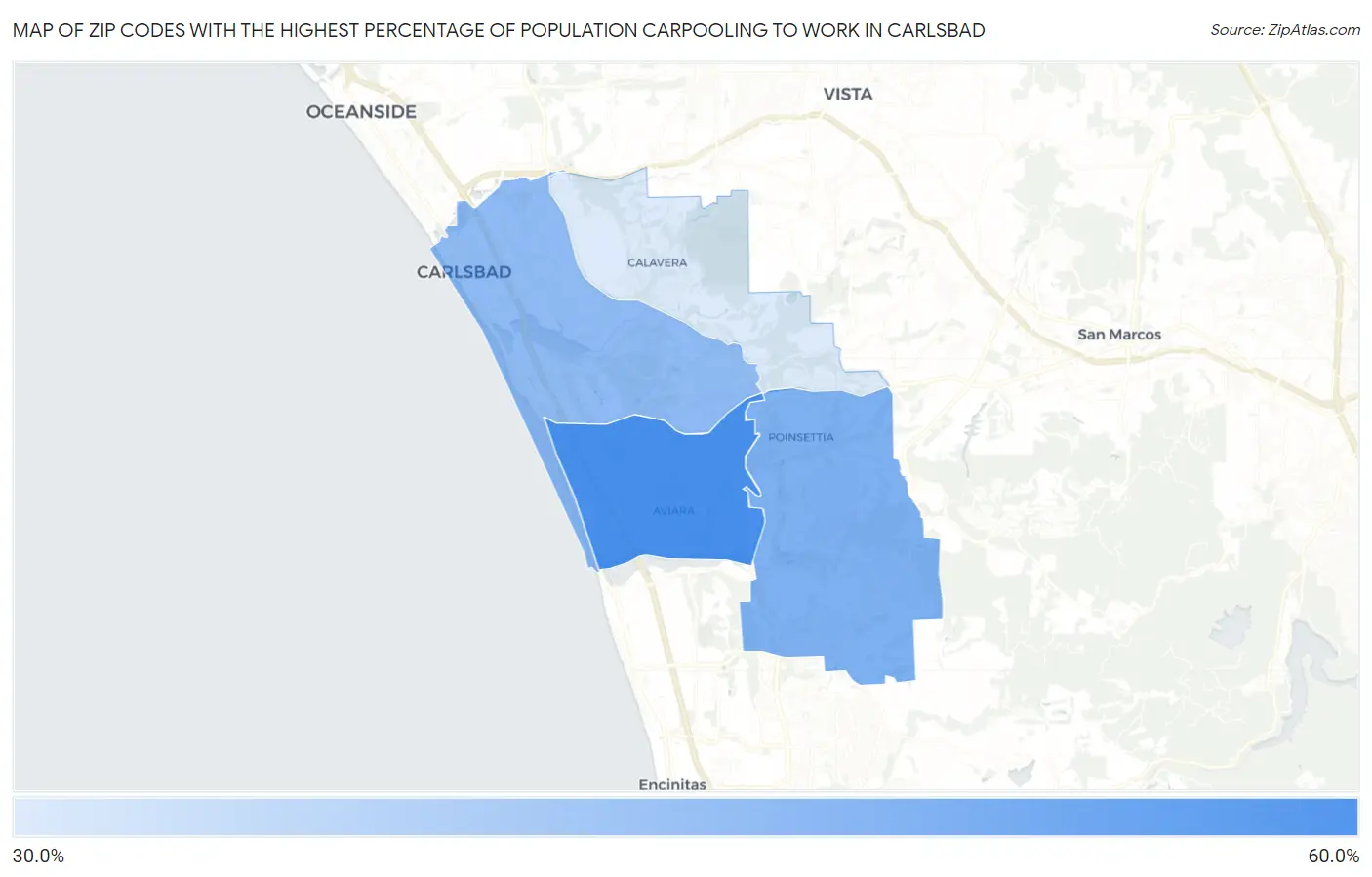 Zip Codes with the Highest Percentage of Population Carpooling to Work in Carlsbad Map