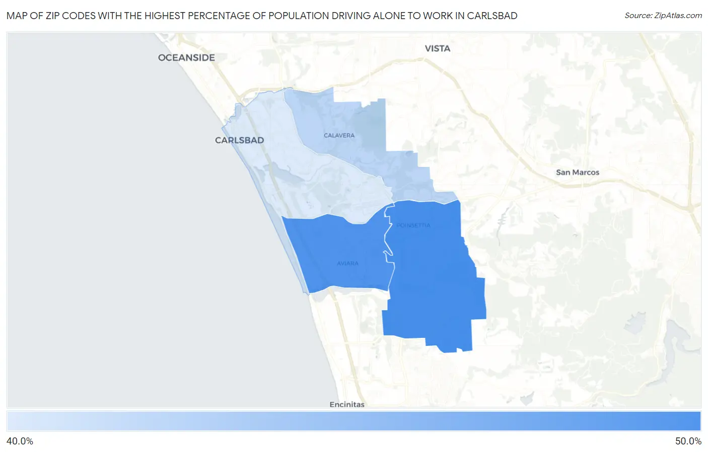 Zip Codes with the Highest Percentage of Population Driving Alone to Work in Carlsbad Map