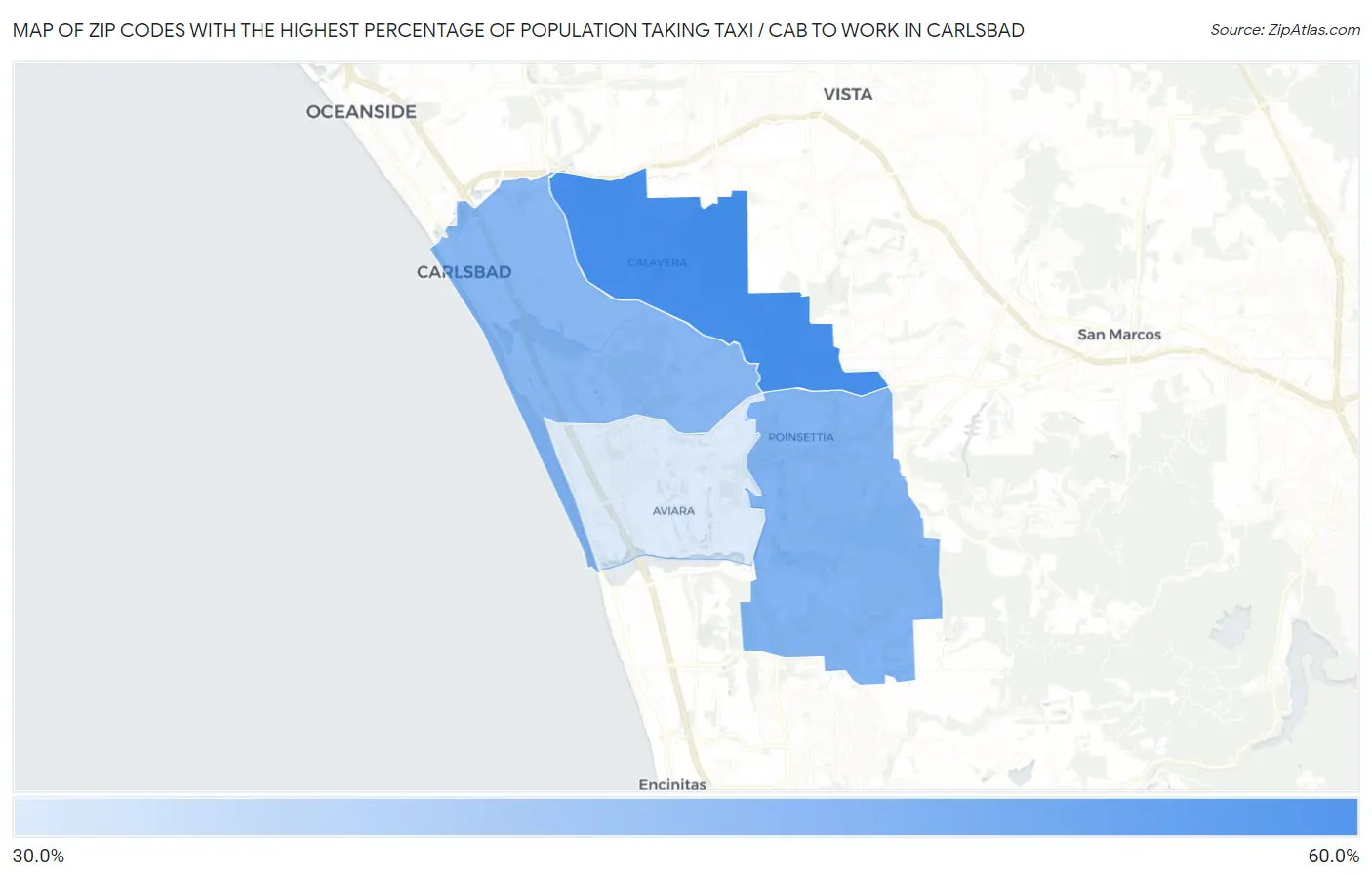 Zip Codes with the Highest Percentage of Population Taking Taxi / Cab to Work in Carlsbad Map
