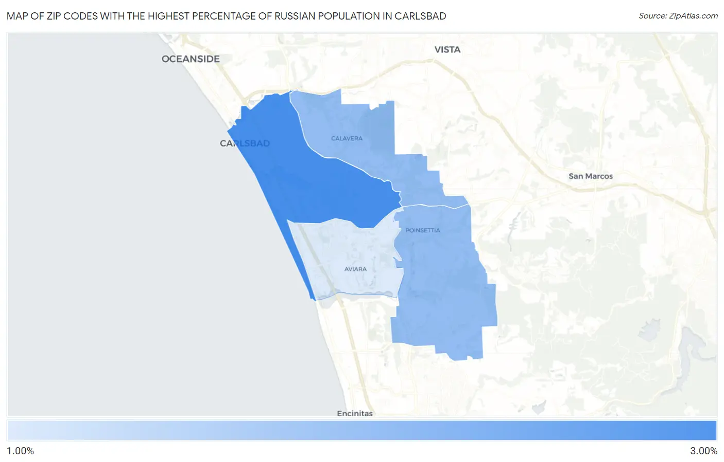 Zip Codes with the Highest Percentage of Russian Population in Carlsbad Map