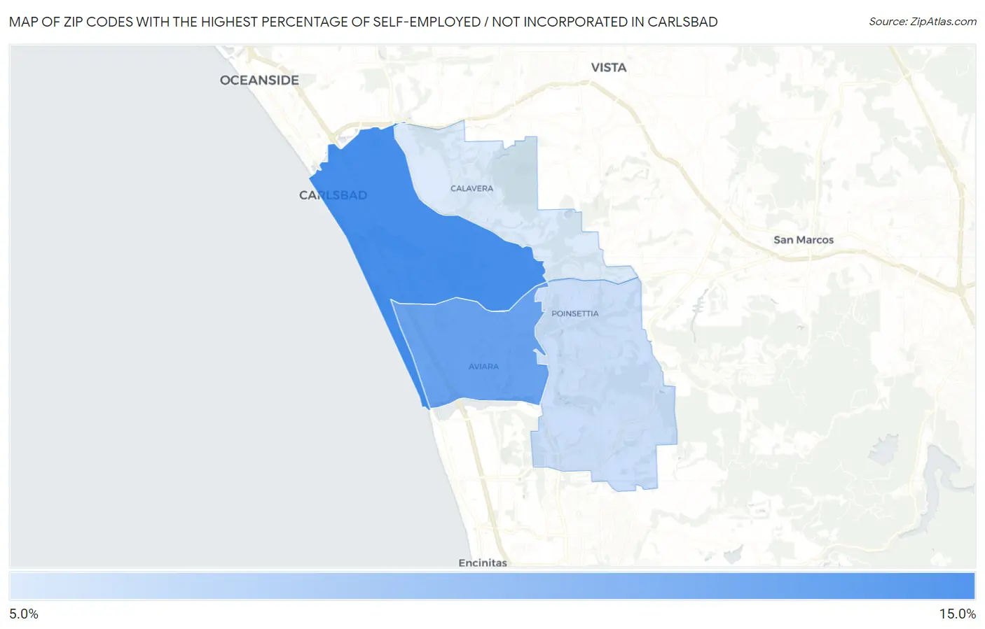 Zip Codes with the Highest Percentage of Self-Employed / Not Incorporated in Carlsbad Map