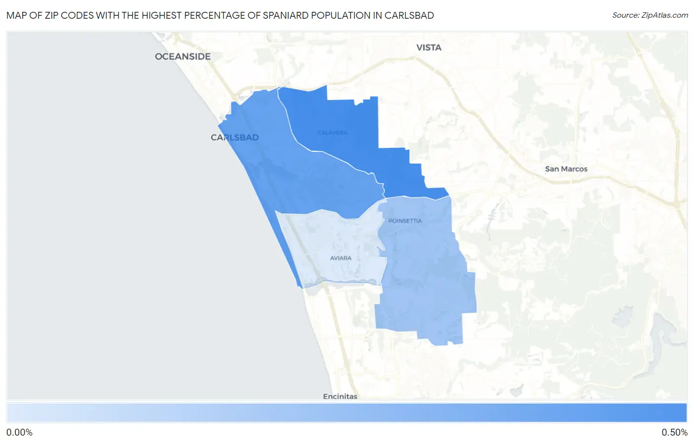 Zip Codes with the Highest Percentage of Spaniard Population in Carlsbad Map