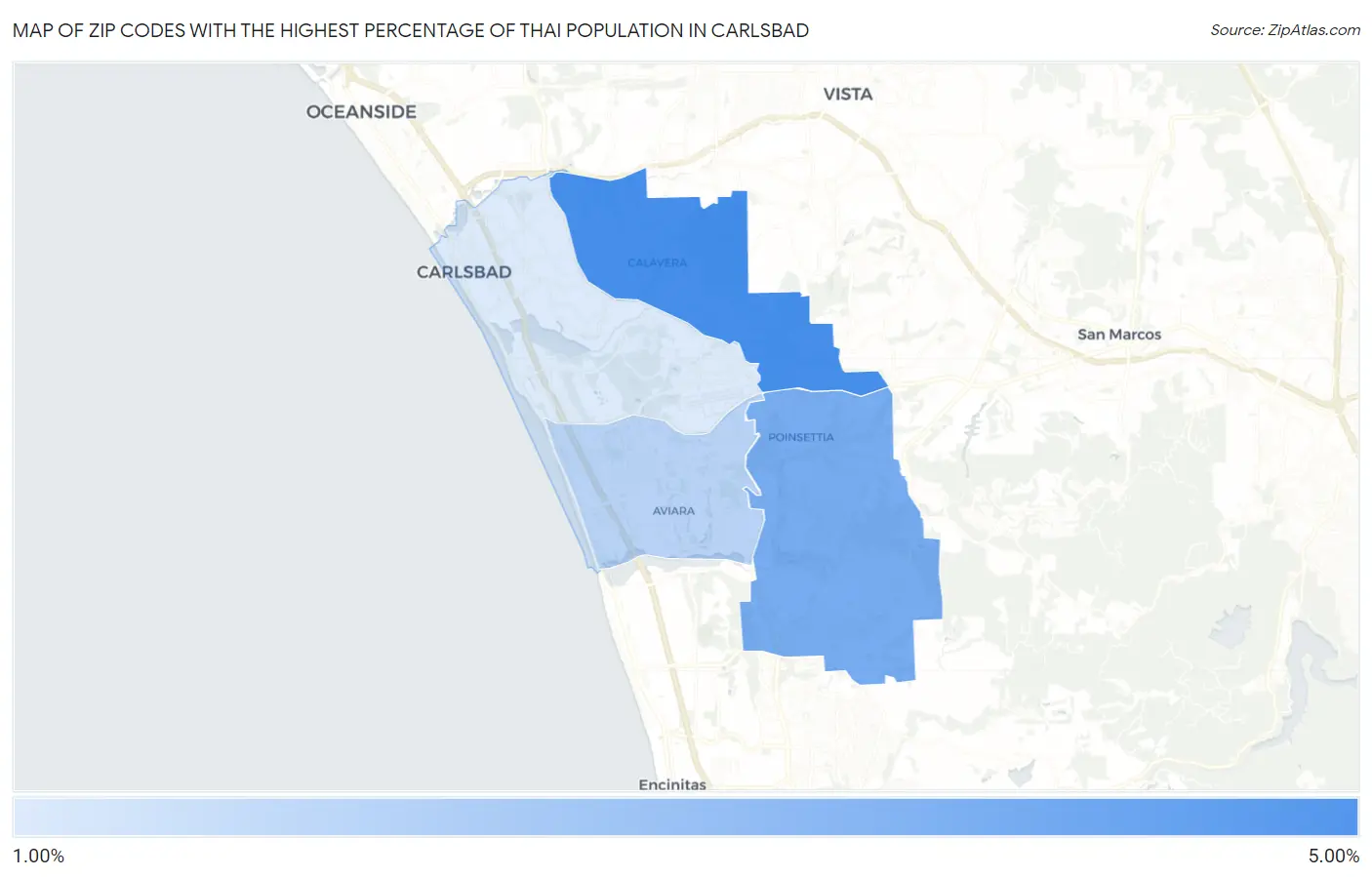 Zip Codes with the Highest Percentage of Thai Population in Carlsbad Map