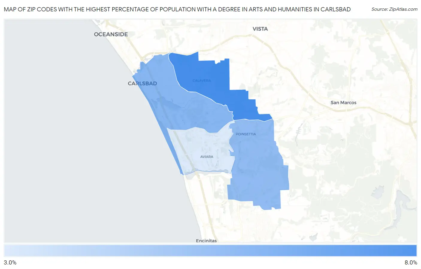 Zip Codes with the Highest Percentage of Population with a Degree in Arts and Humanities in Carlsbad Map