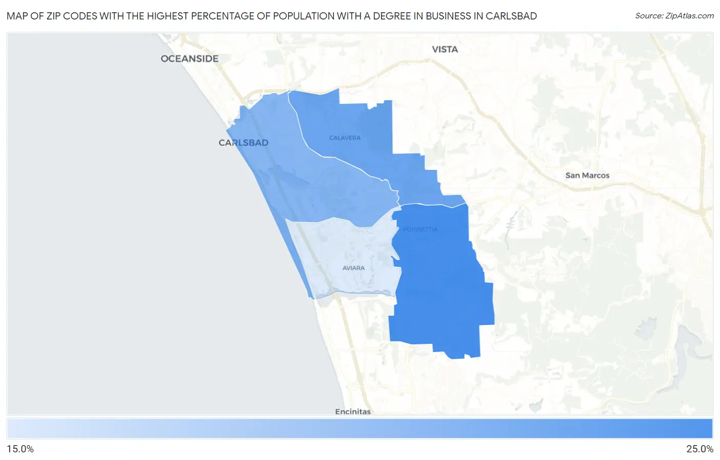 Zip Codes with the Highest Percentage of Population with a Degree in Business in Carlsbad Map