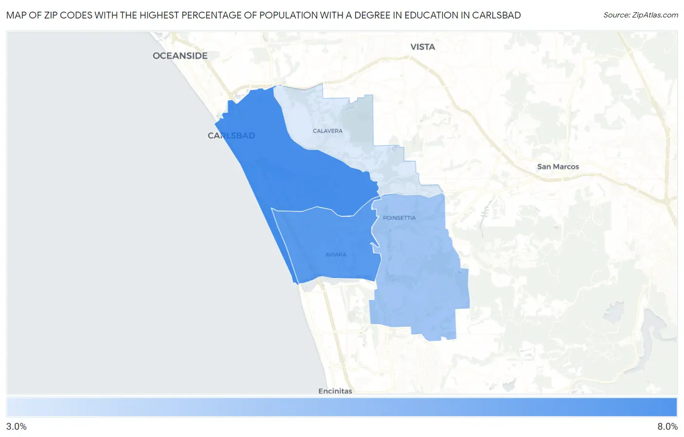Zip Codes with the Highest Percentage of Population with a Degree in Education in Carlsbad Map