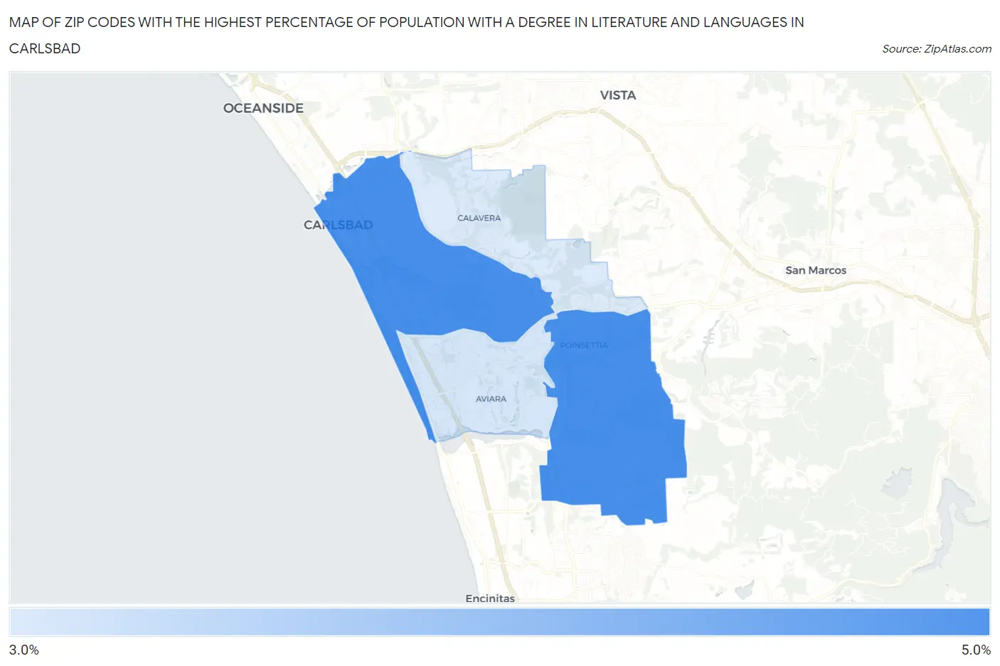 Zip Codes with the Highest Percentage of Population with a Degree in Literature and Languages in Carlsbad Map