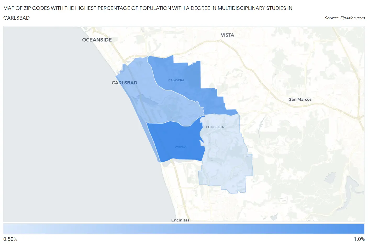Zip Codes with the Highest Percentage of Population with a Degree in Multidisciplinary Studies in Carlsbad Map