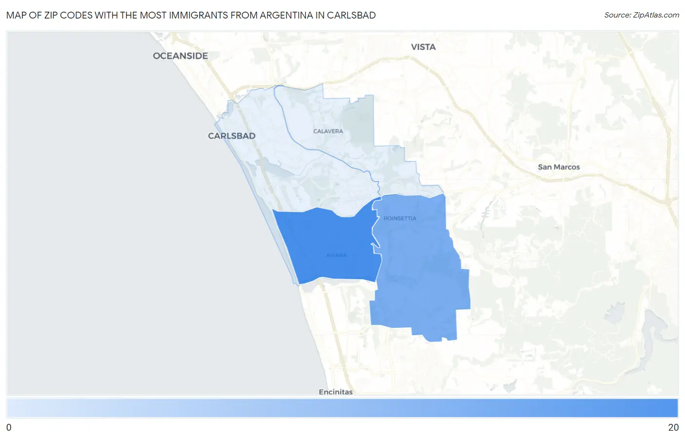 Zip Codes with the Most Immigrants from Argentina in Carlsbad Map