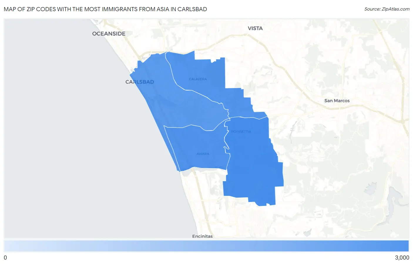 Zip Codes with the Most Immigrants from Asia in Carlsbad Map