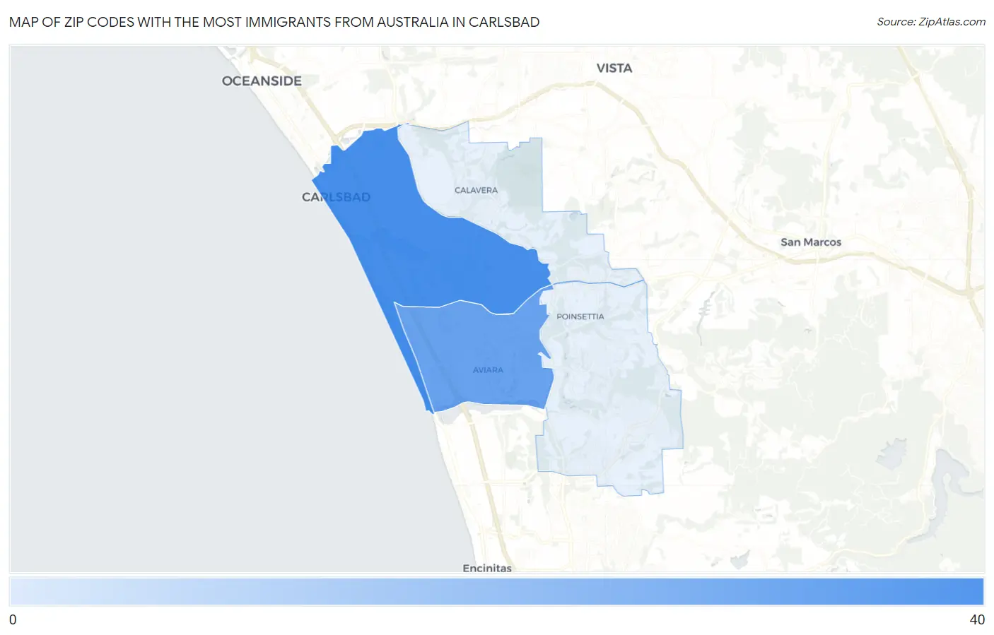 Zip Codes with the Most Immigrants from Australia in Carlsbad Map