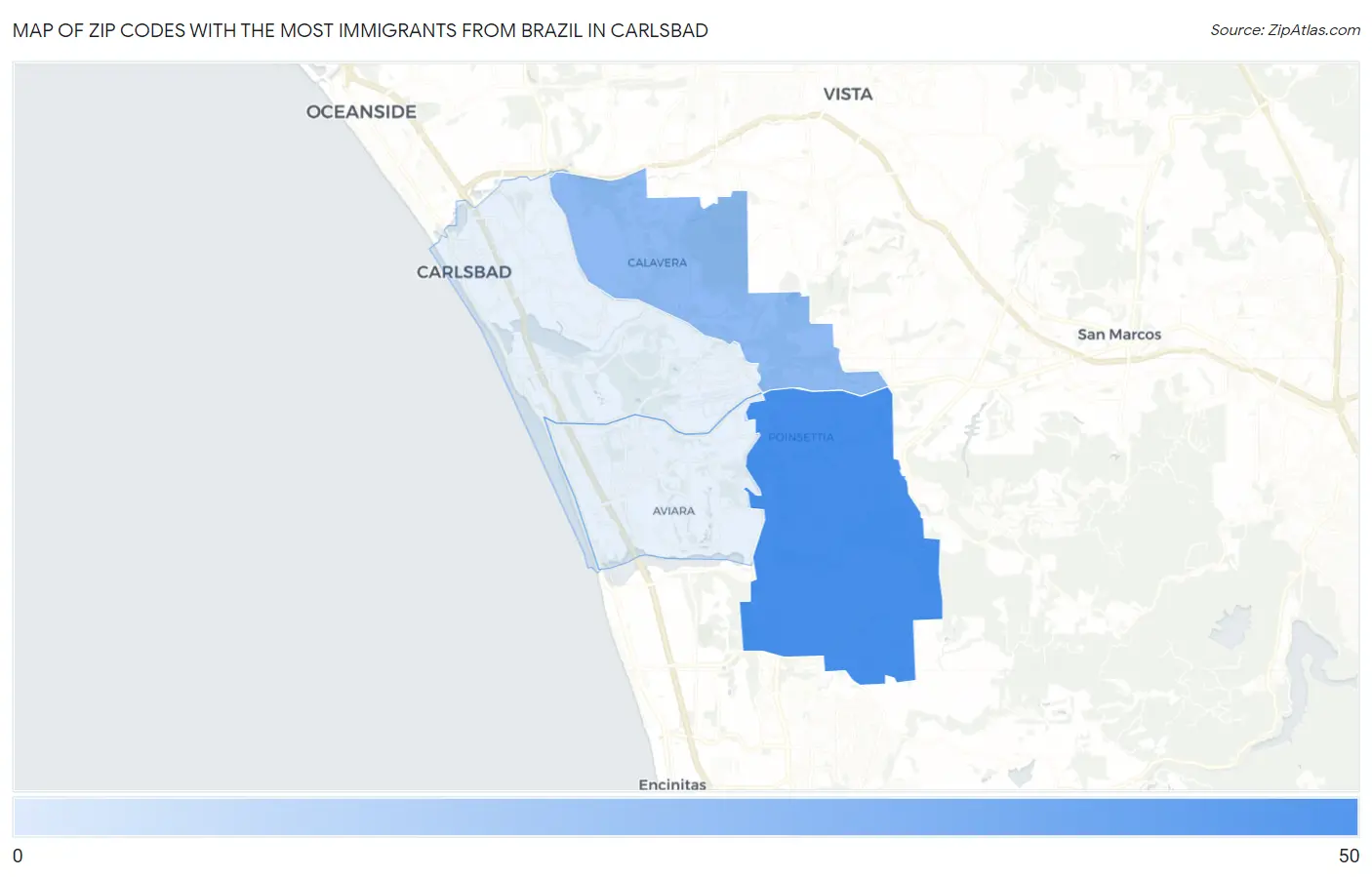 Zip Codes with the Most Immigrants from Brazil in Carlsbad Map