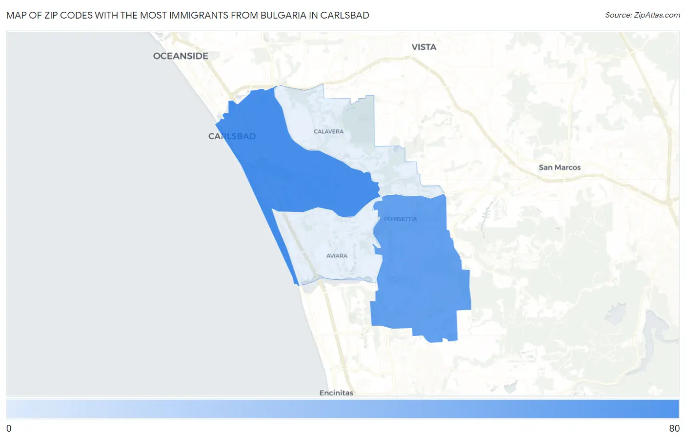 Zip Codes with the Most Immigrants from Bulgaria in Carlsbad Map