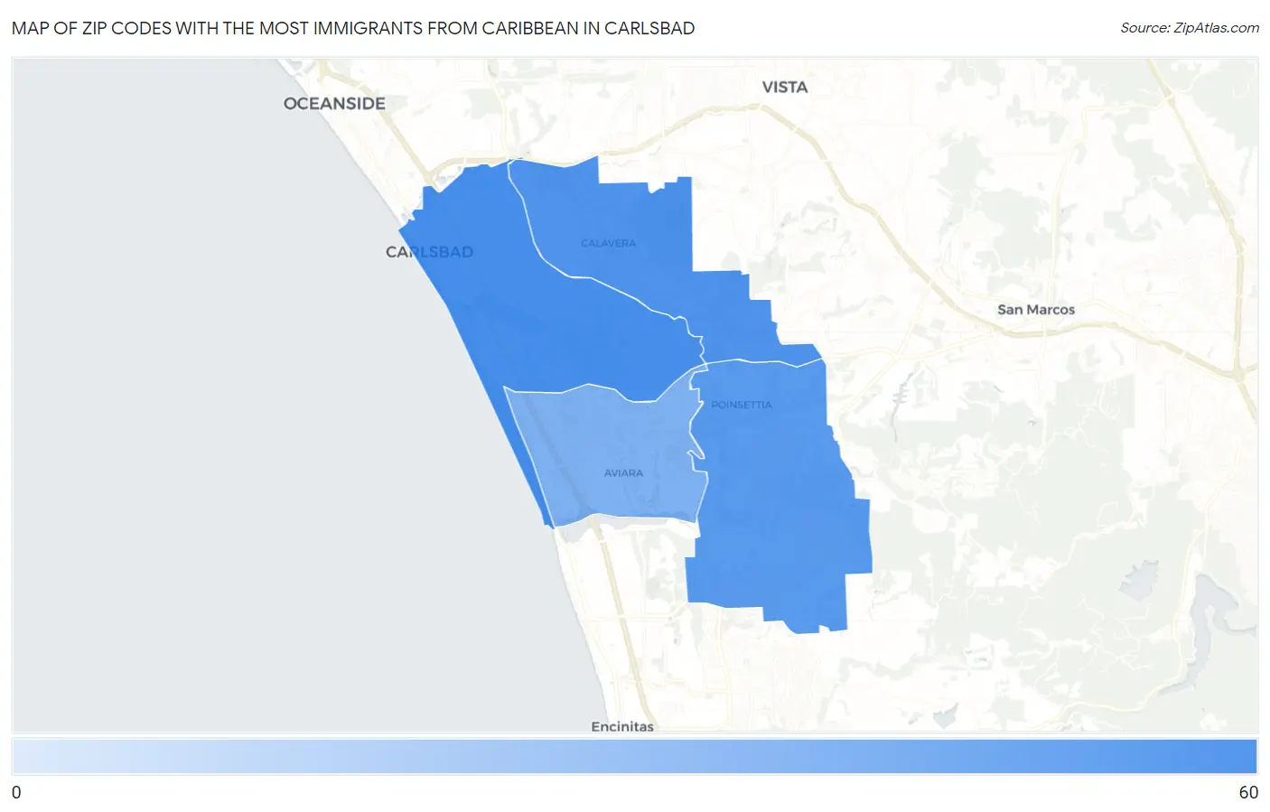Zip Codes with the Most Immigrants from Caribbean in Carlsbad Map