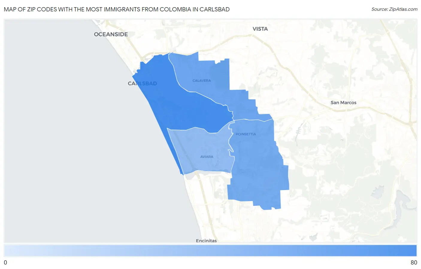 Zip Codes with the Most Immigrants from Colombia in Carlsbad Map