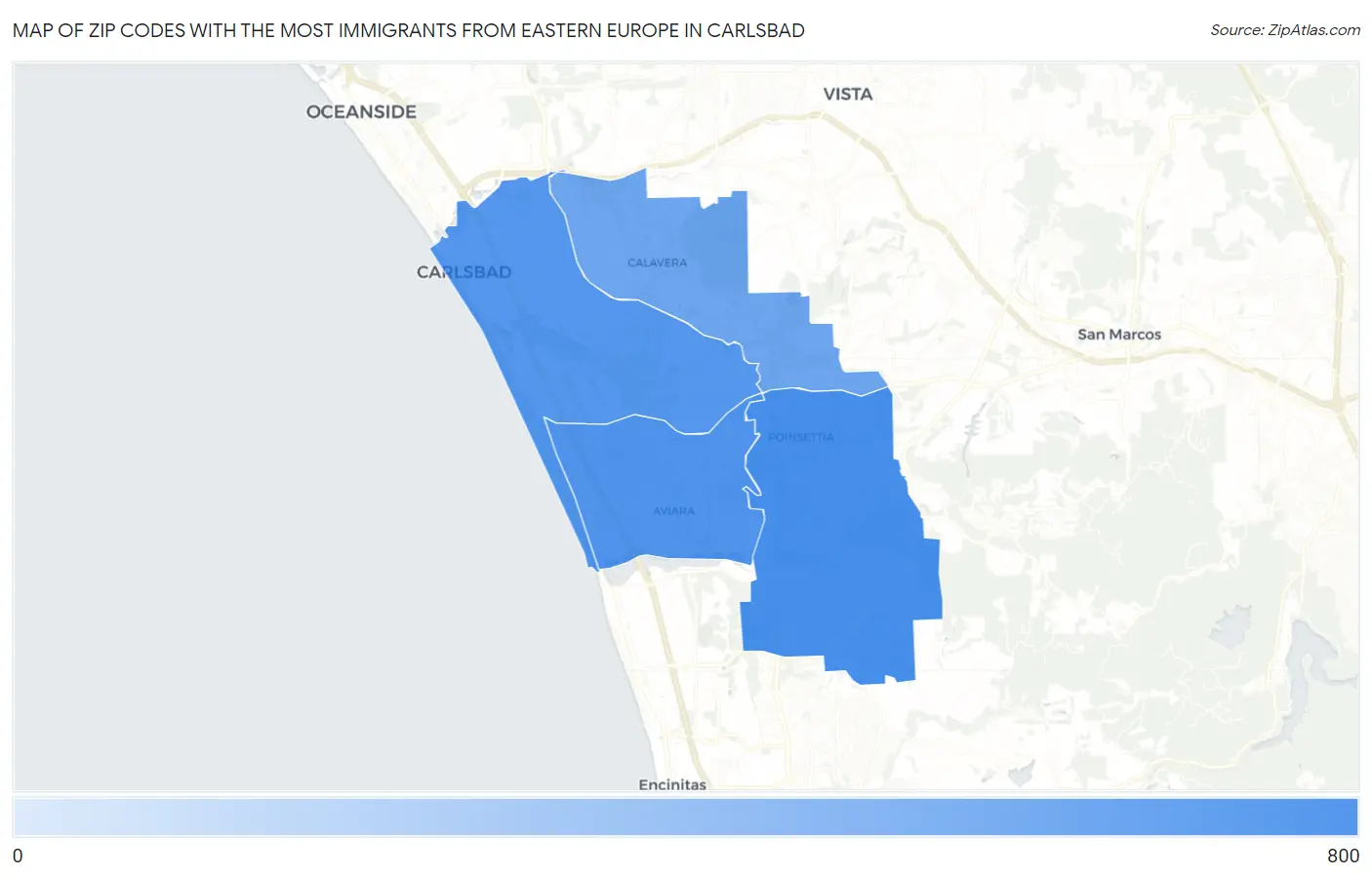 Zip Codes with the Most Immigrants from Eastern Europe in Carlsbad Map