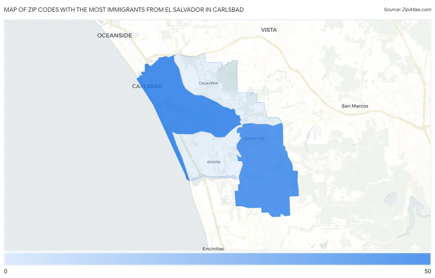 Zip Codes with the Most Immigrants from El Salvador in Carlsbad Map