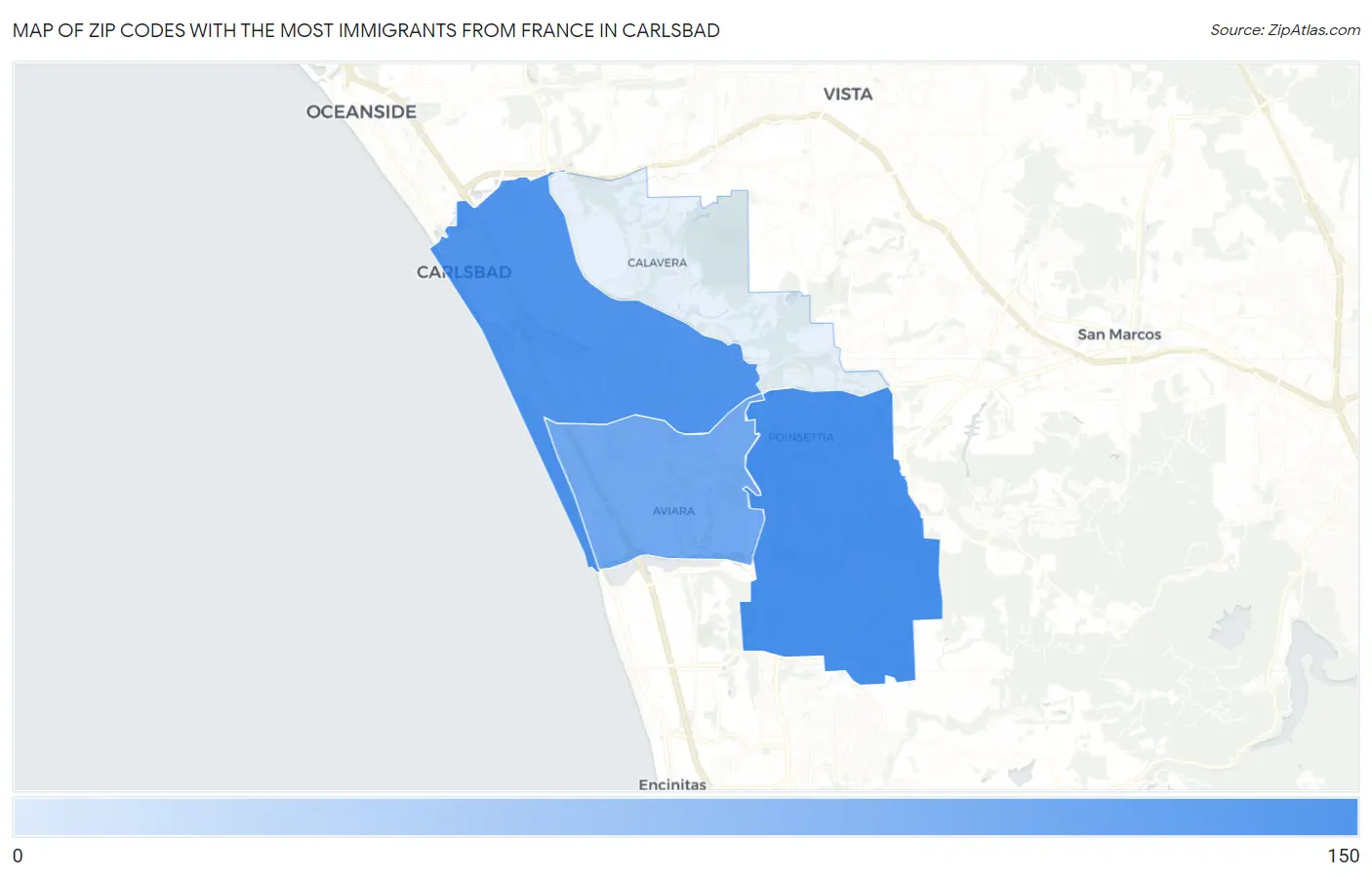 Zip Codes with the Most Immigrants from France in Carlsbad Map