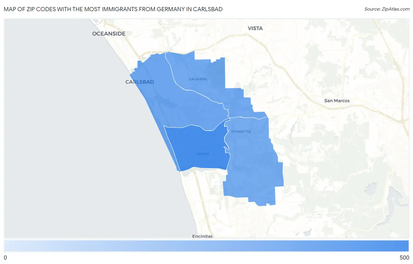 Zip Codes with the Most Immigrants from Germany in Carlsbad Map