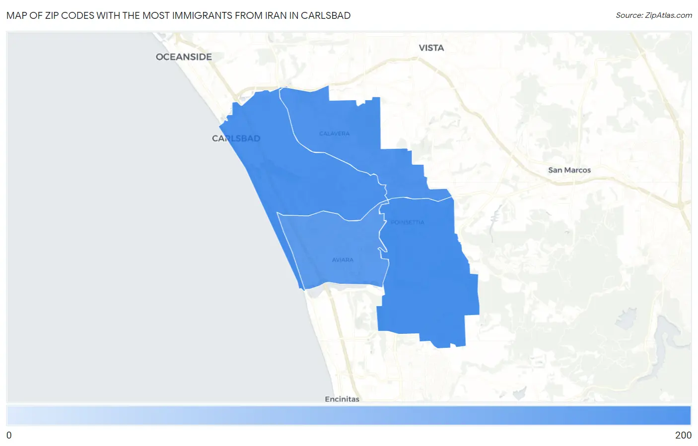Zip Codes with the Most Immigrants from Iran in Carlsbad Map