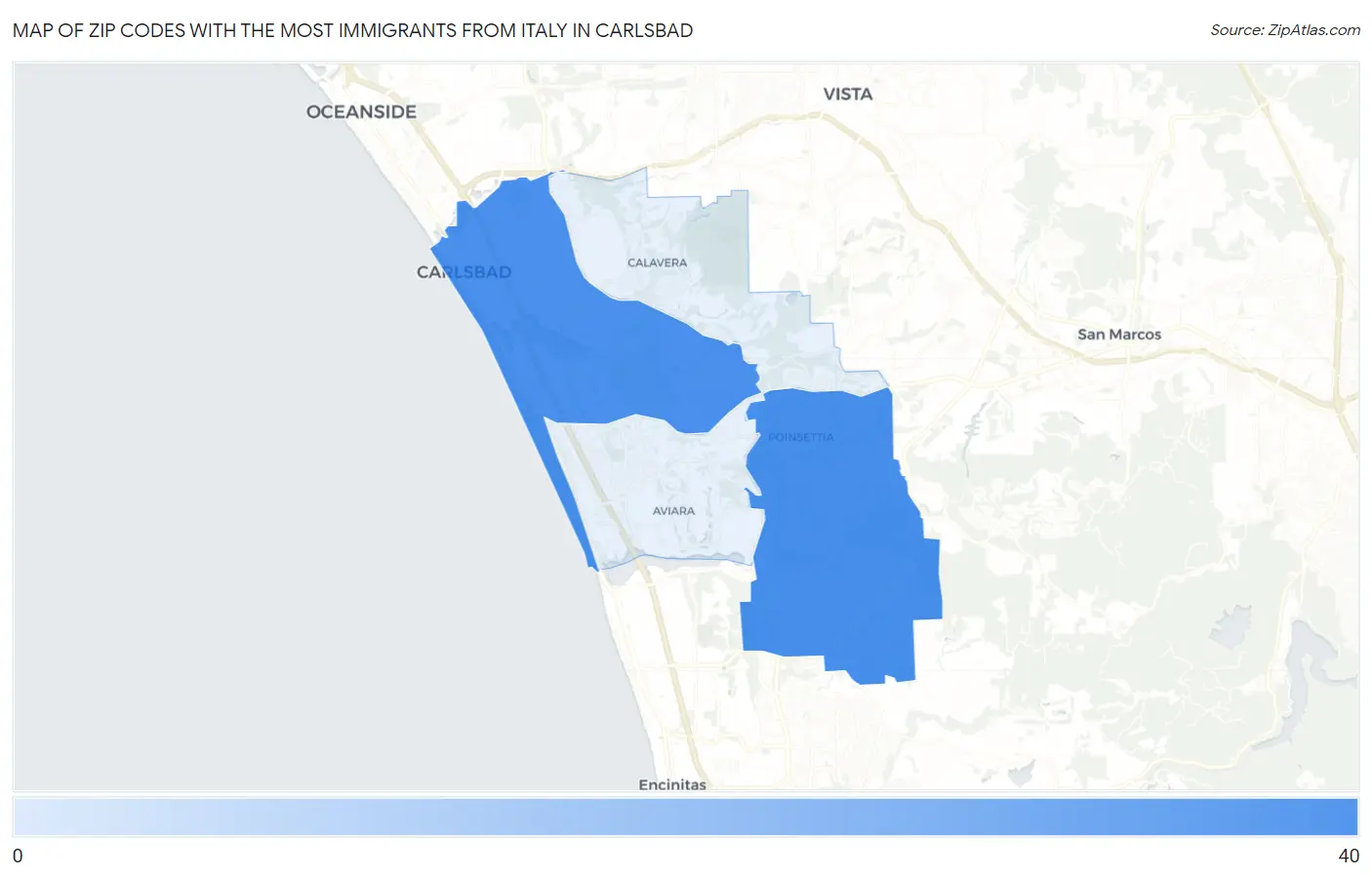 Zip Codes with the Most Immigrants from Italy in Carlsbad Map
