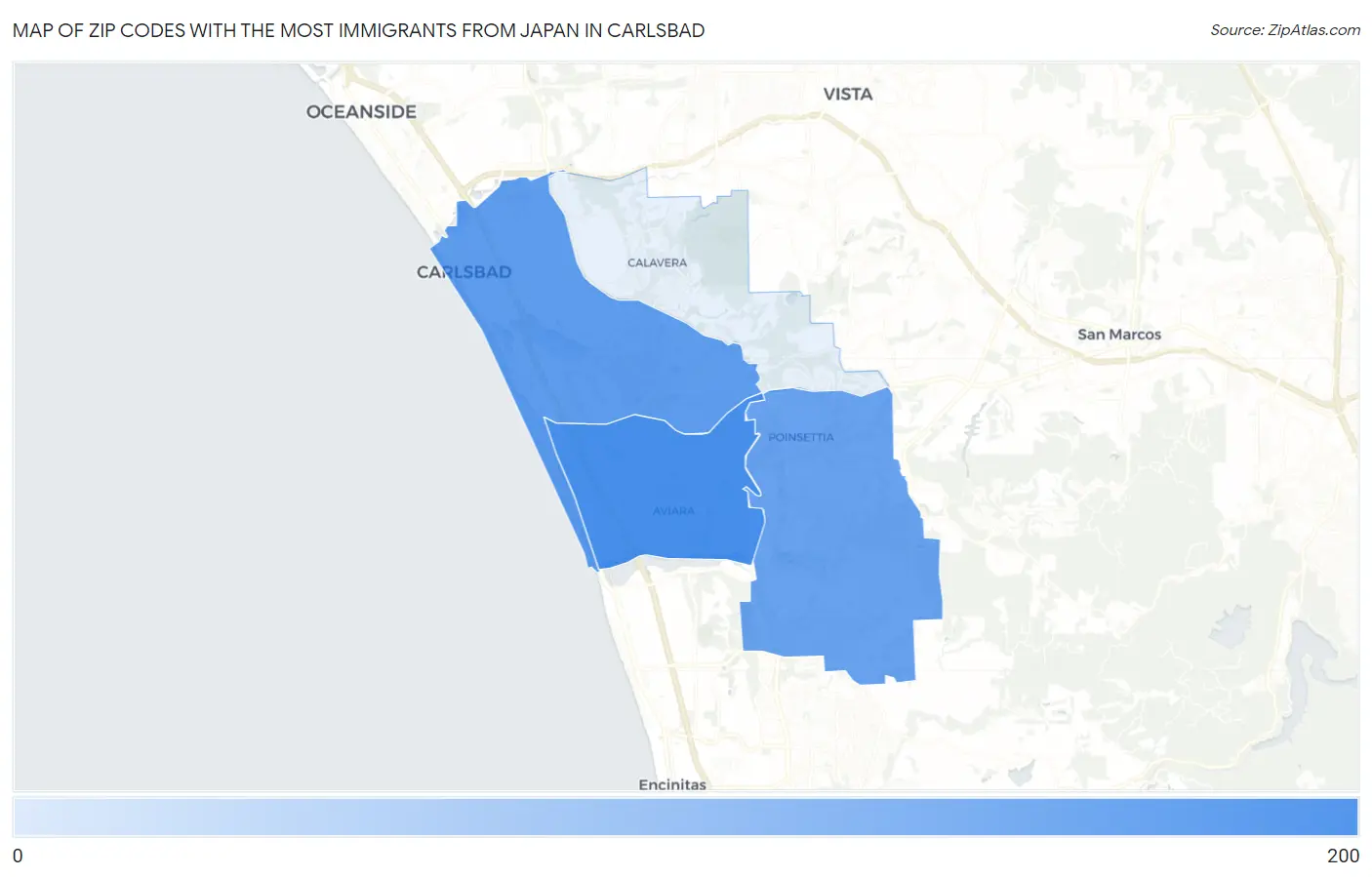Zip Codes with the Most Immigrants from Japan in Carlsbad Map