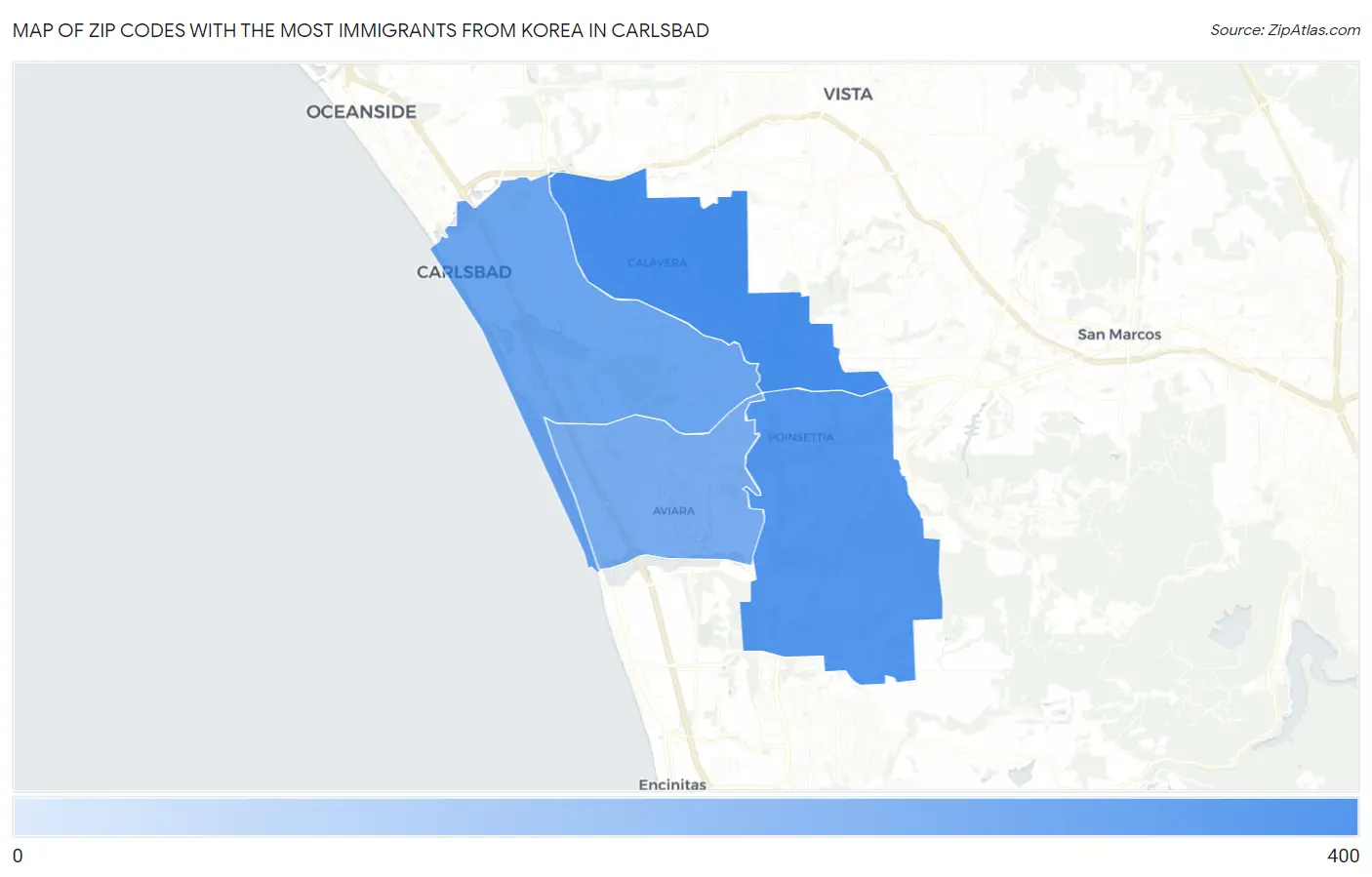 Zip Codes with the Most Immigrants from Korea in Carlsbad Map