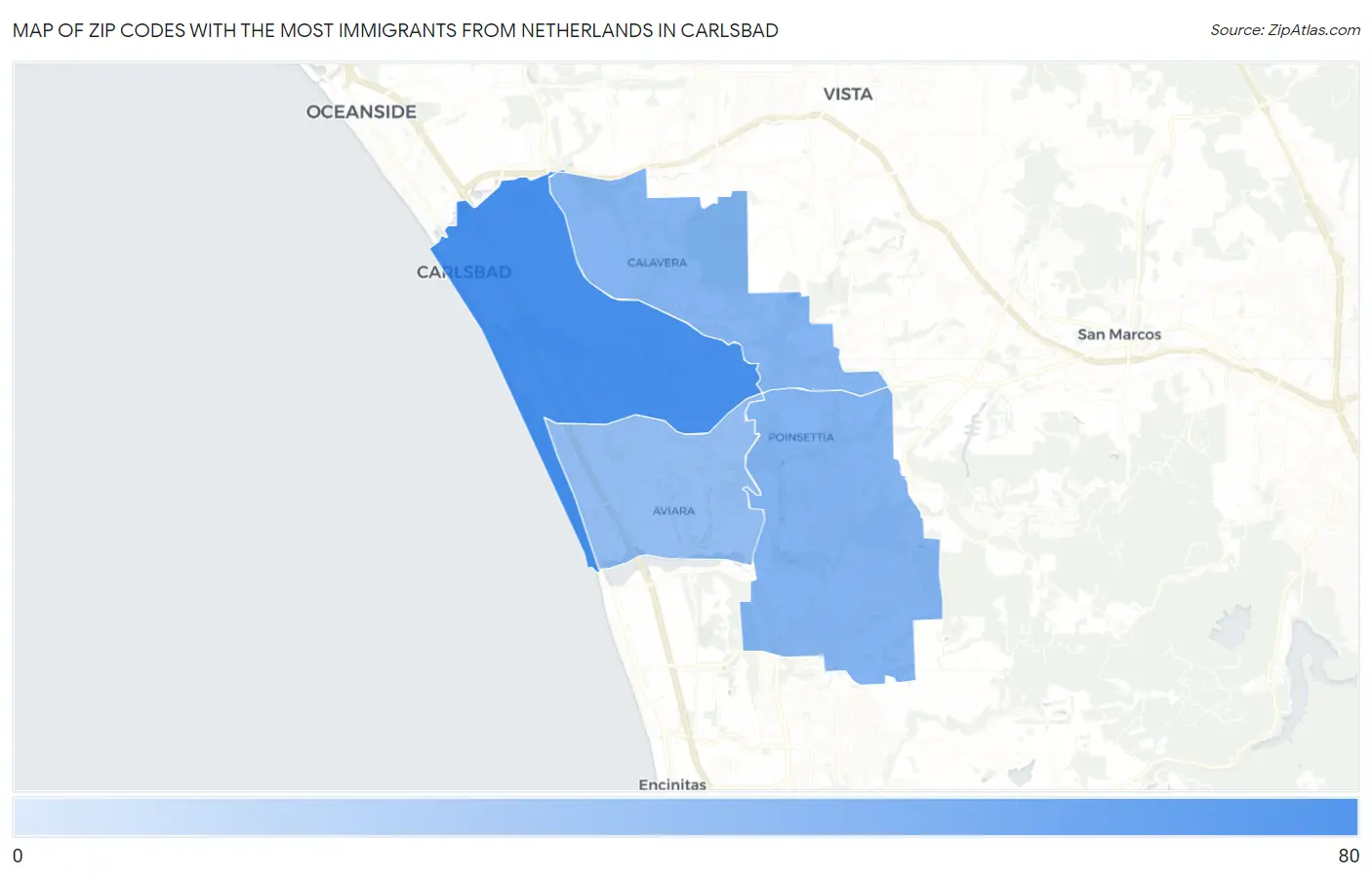 Zip Codes with the Most Immigrants from Netherlands in Carlsbad Map