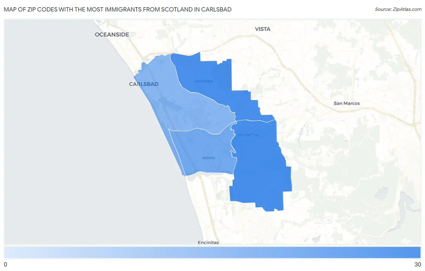 Zip Codes with the Most Immigrants from Scotland in Carlsbad Map