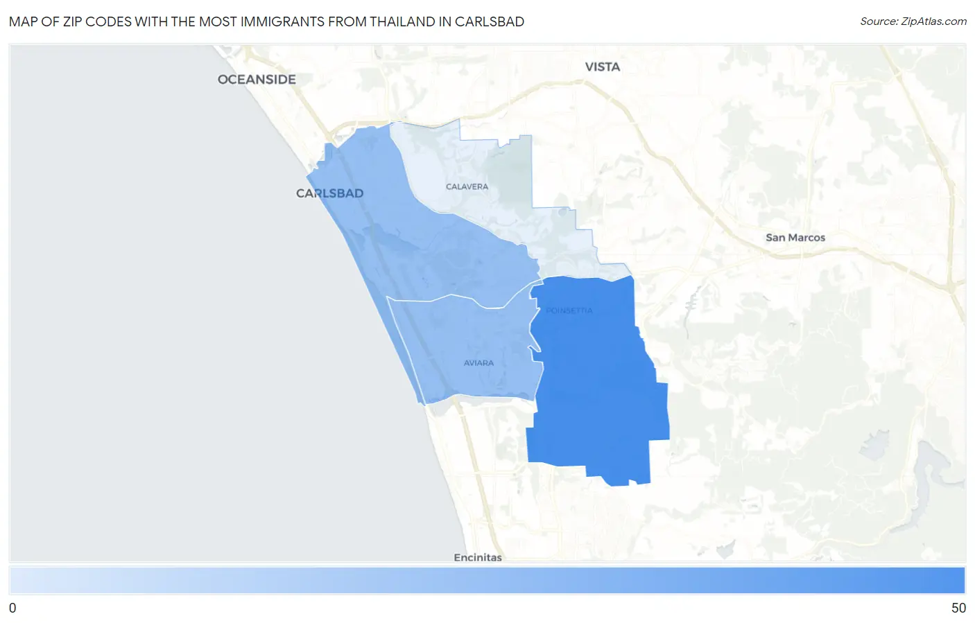 Zip Codes with the Most Immigrants from Thailand in Carlsbad Map