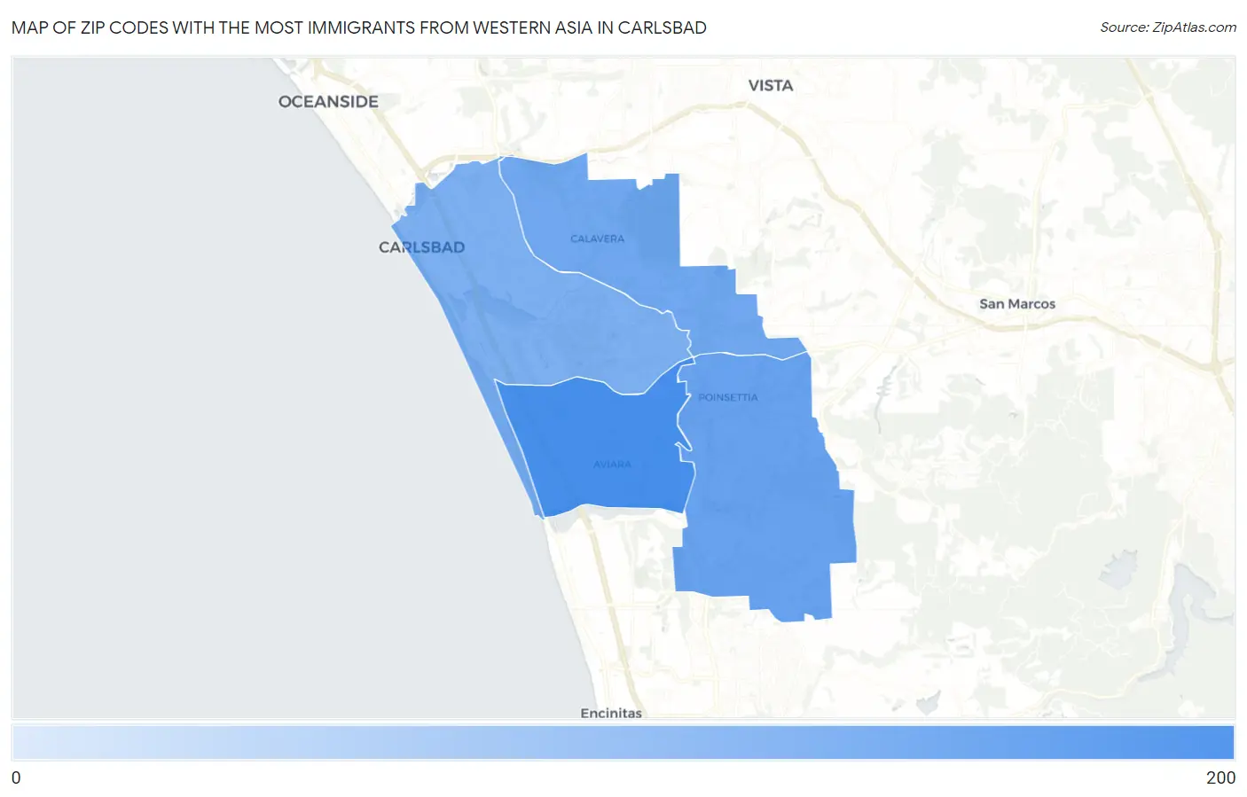 Zip Codes with the Most Immigrants from Western Asia in Carlsbad Map