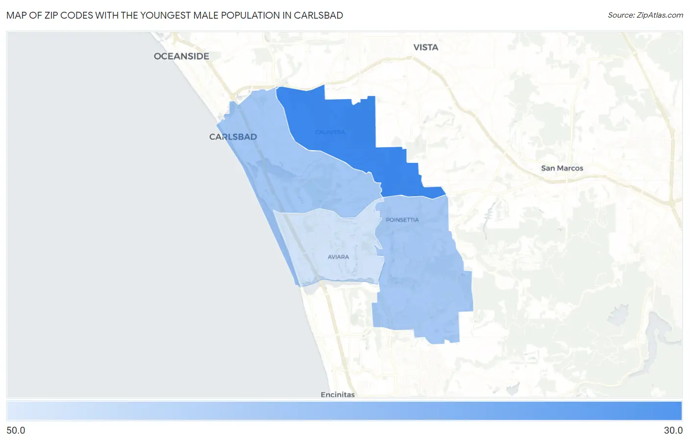 Zip Codes with the Youngest Male Population in Carlsbad Map