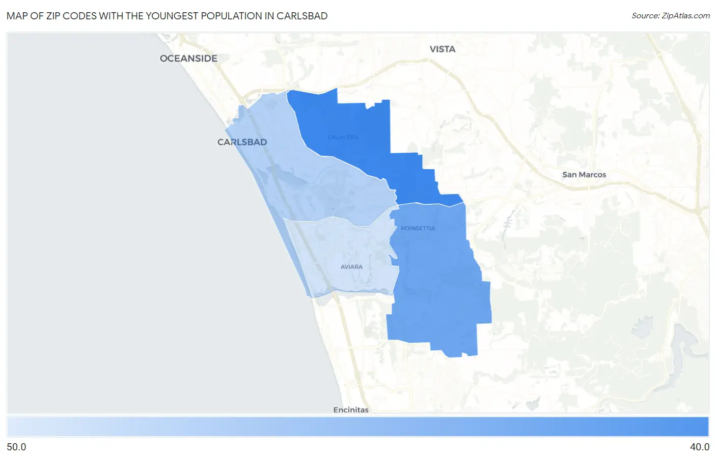 Zip Codes with the Youngest Population in Carlsbad Map