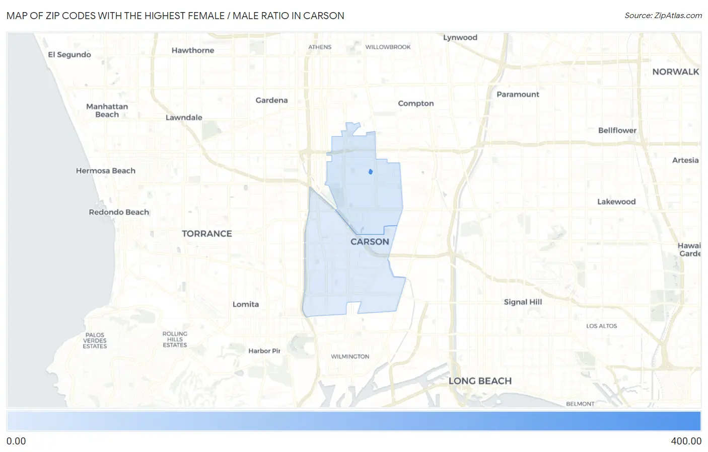 Zip Codes with the Highest Female / Male Ratio in Carson Map
