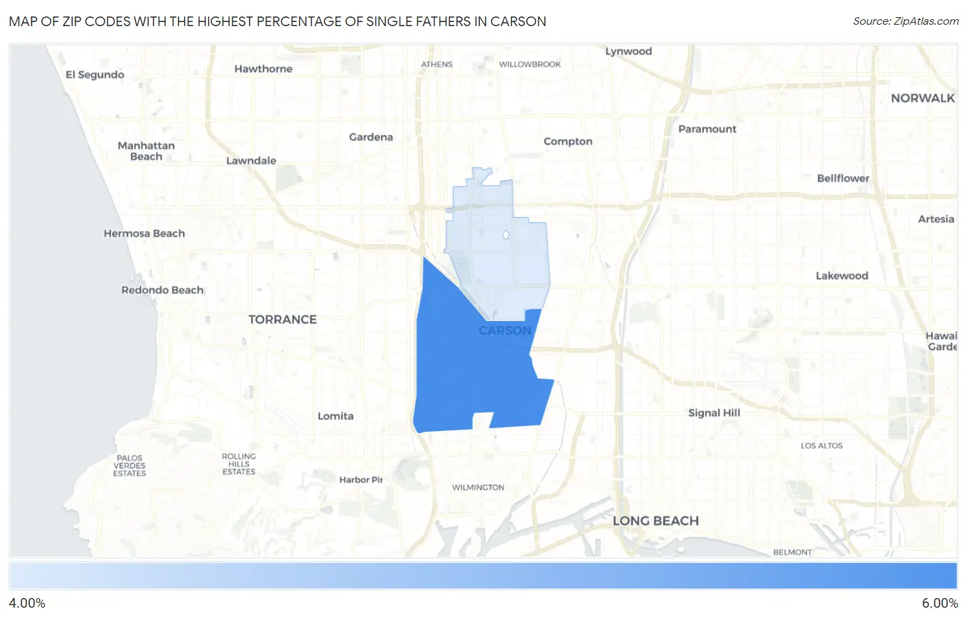 Zip Codes with the Highest Percentage of Single Fathers in Carson Map