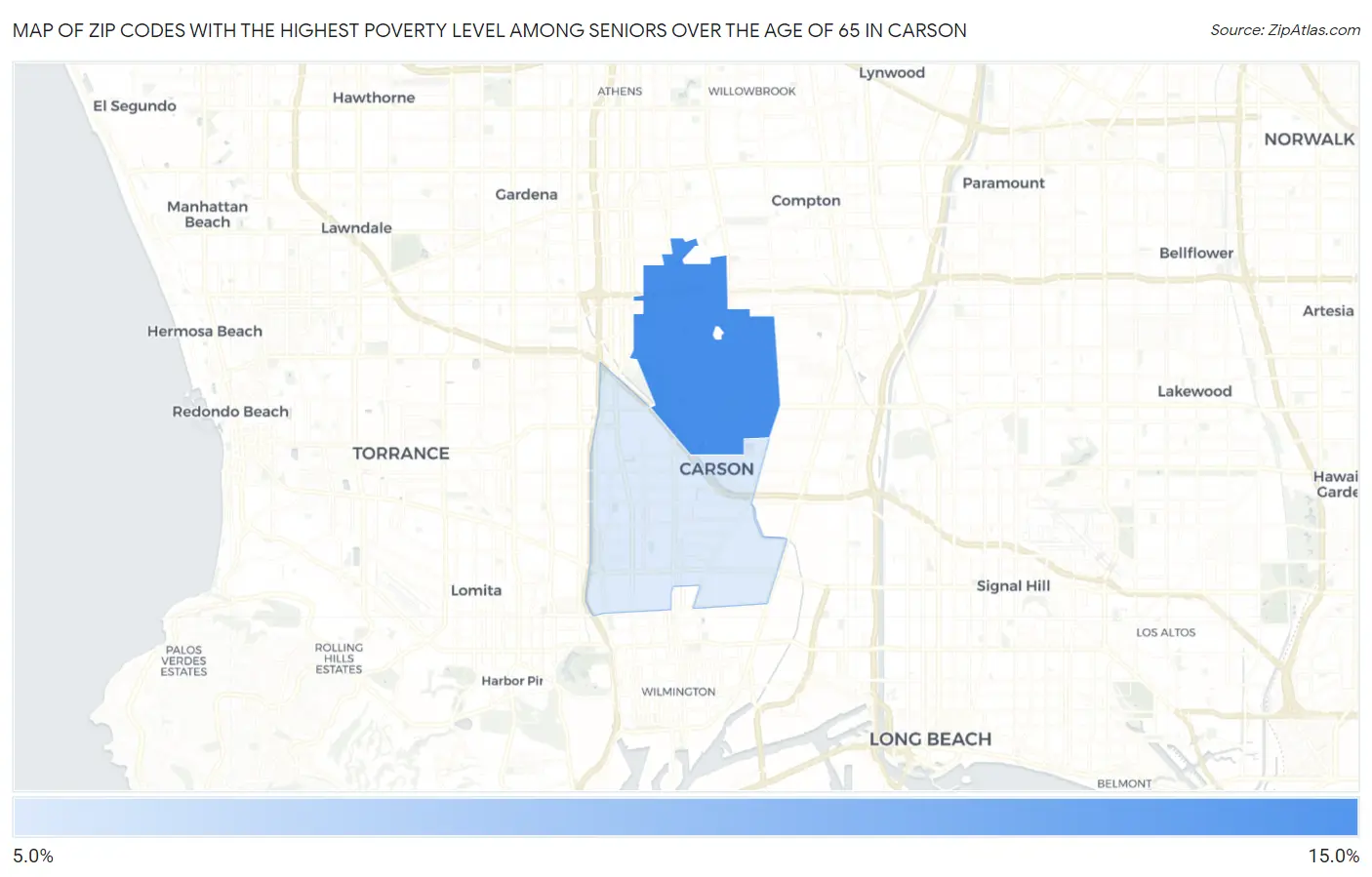 Zip Codes with the Highest Poverty Level Among Seniors Over the Age of 65 in Carson Map