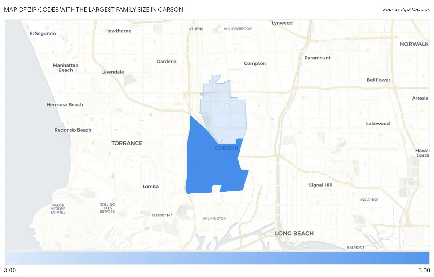 Zip Codes with the Largest Family Size in Carson Map