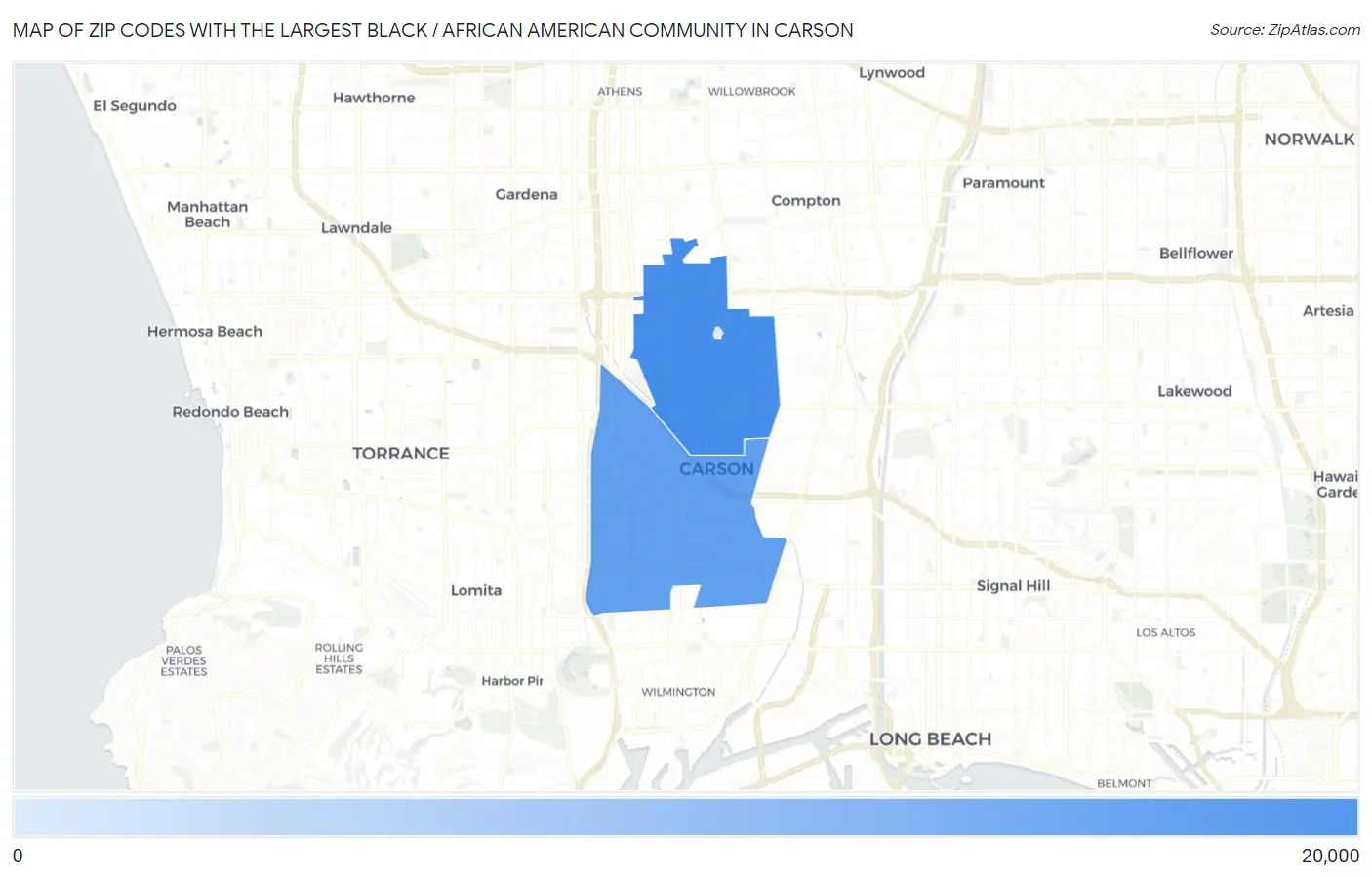 Zip Codes with the Largest Black / African American Community in Carson Map