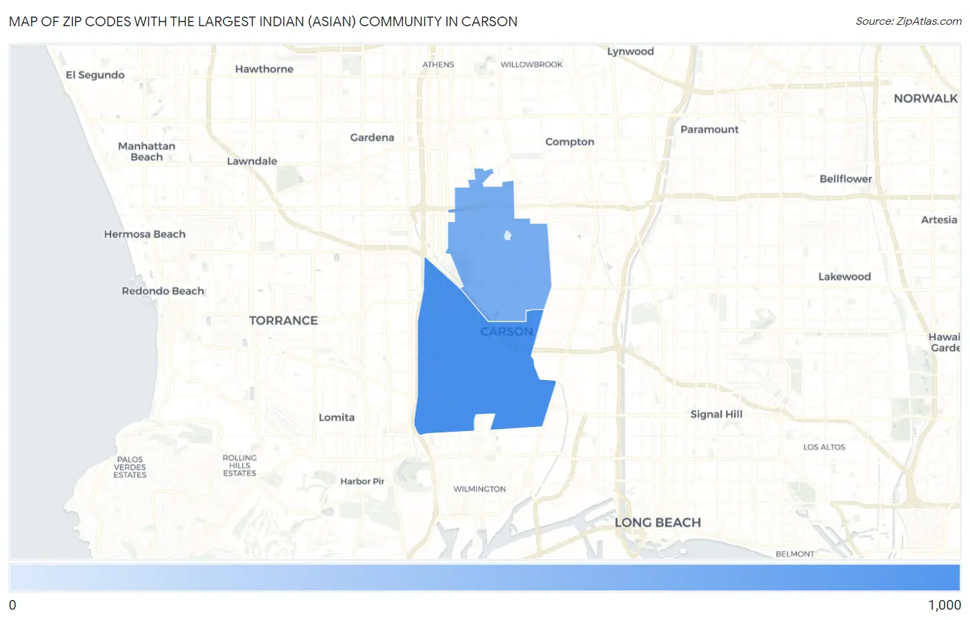 Zip Codes with the Largest Indian (Asian) Community in Carson Map