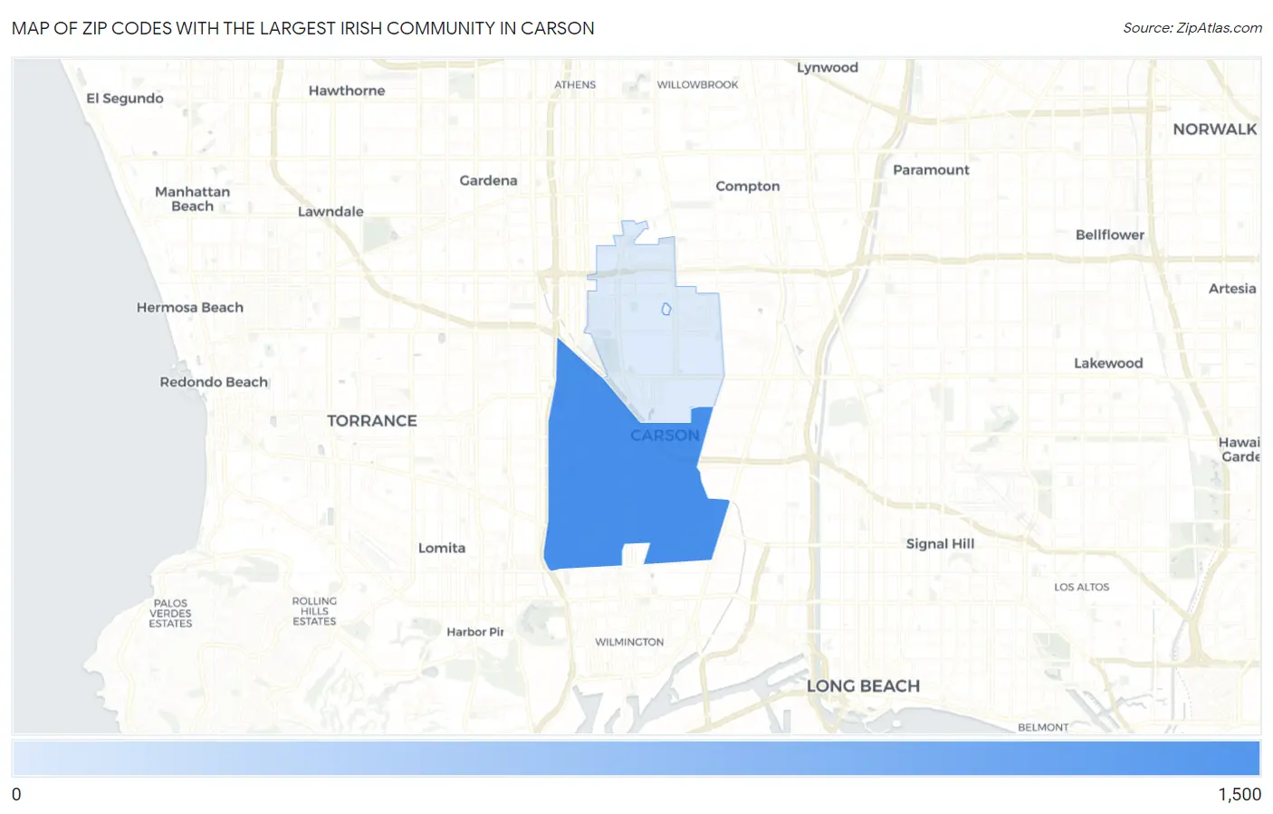Zip Codes with the Largest Irish Community in Carson Map