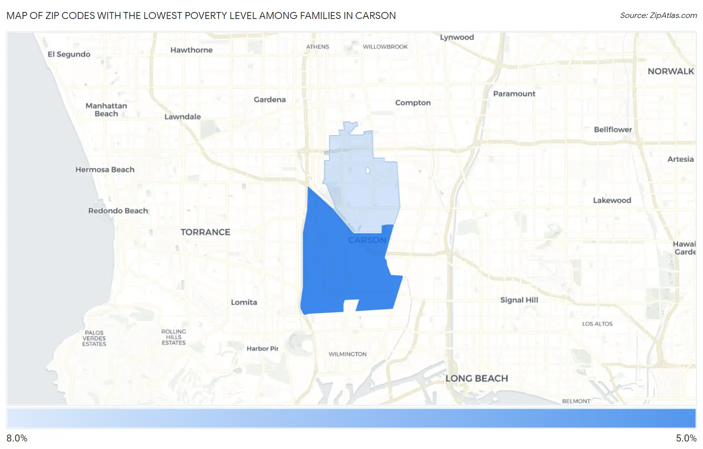 Zip Codes with the Lowest Poverty Level Among Families in Carson Map