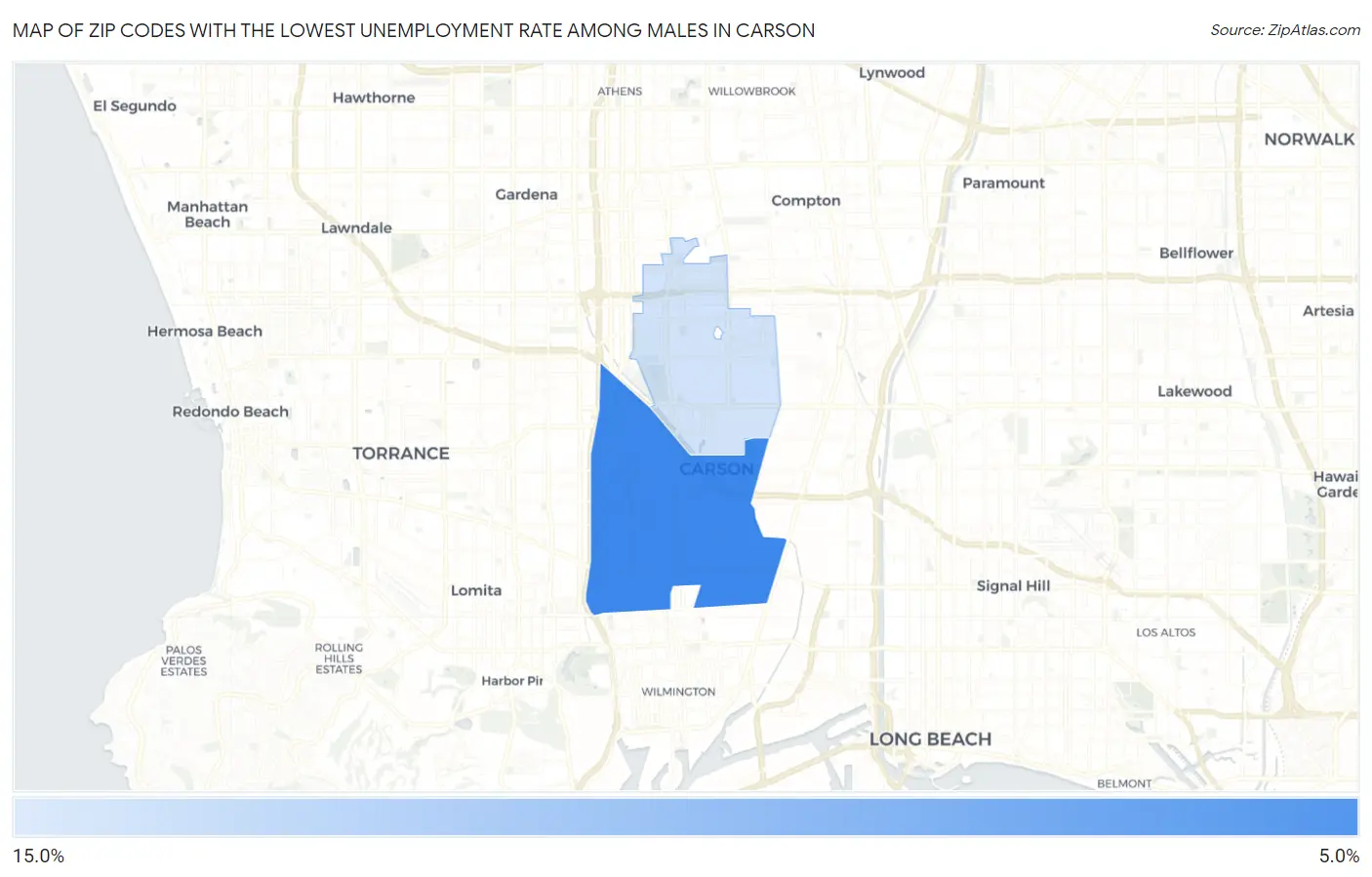 Zip Codes with the Lowest Unemployment Rate Among Males in Carson Map