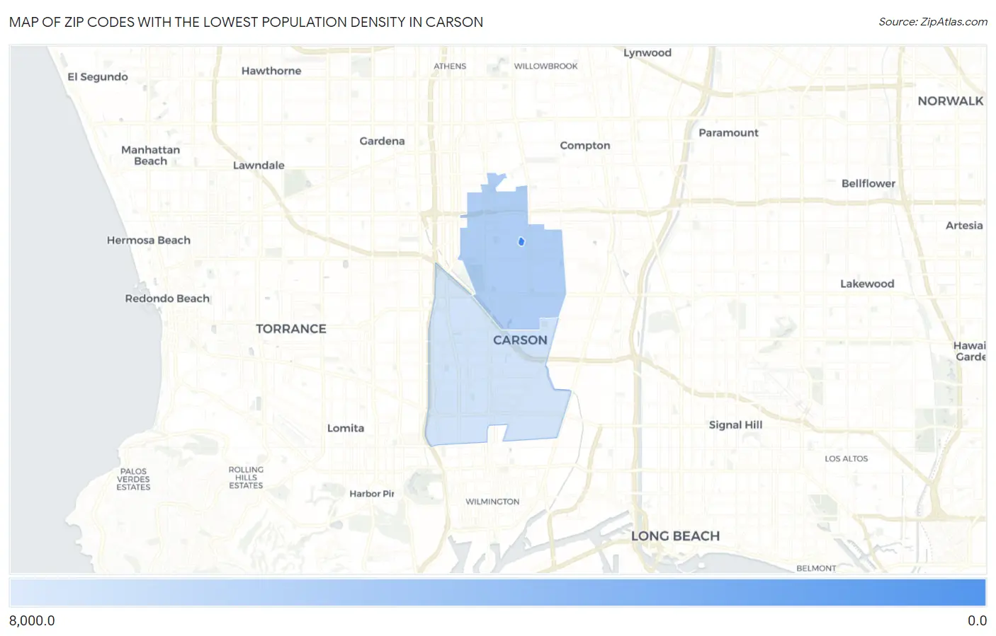 Zip Codes with the Lowest Population Density in Carson Map