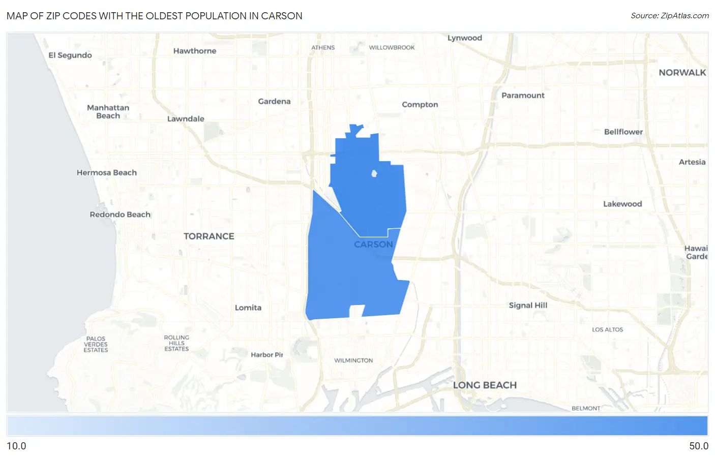 Zip Codes with the Oldest Population in Carson Map