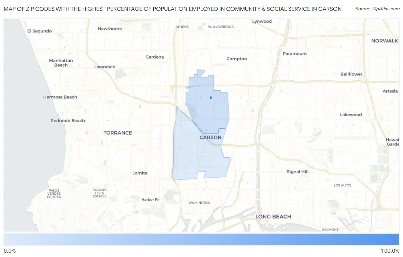 Zip Codes with the Highest Percentage of Population Employed in Community & Social Service  in Carson Map