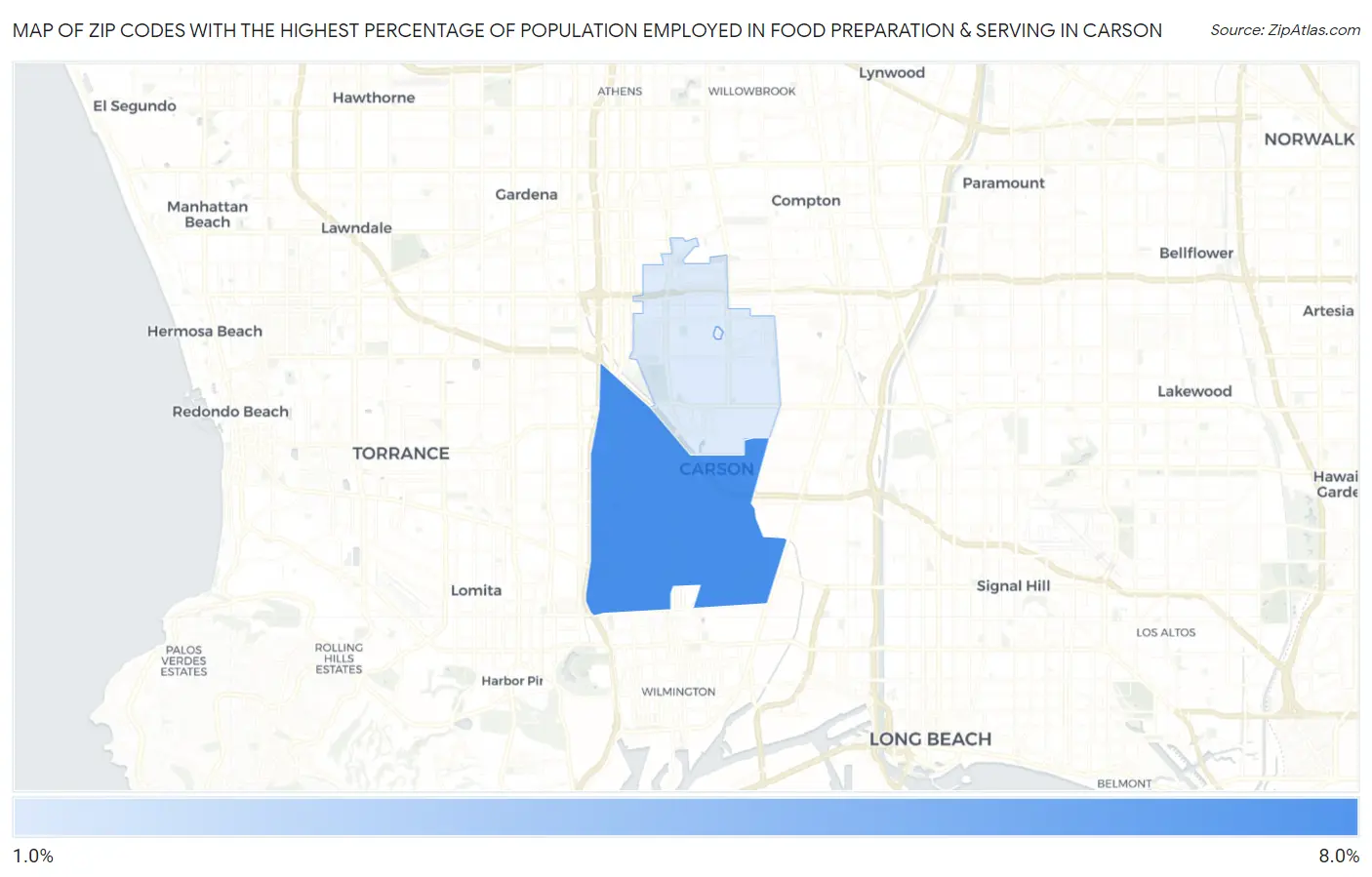 Zip Codes with the Highest Percentage of Population Employed in Food Preparation & Serving in Carson Map