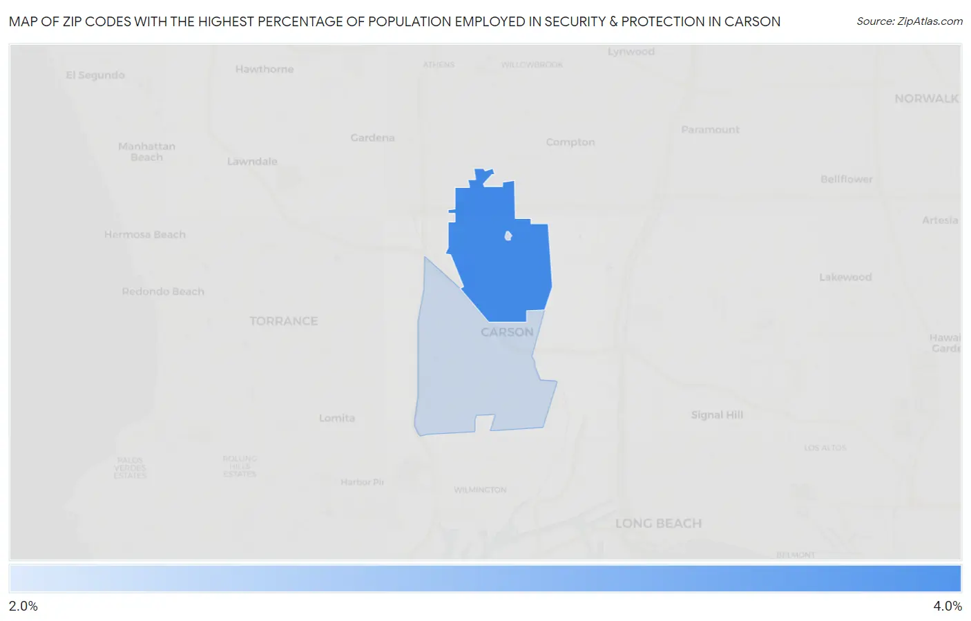 Zip Codes with the Highest Percentage of Population Employed in Security & Protection in Carson Map
